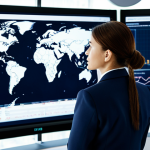 A professional female logistics expert, fully clothed in a modest business suit, standing confidently in a modern, brightly lit global logistics control center. She is reviewing complex data visualizations on large digital screens displaying international shipping routes and compliance dashboards. The environment is clean and high-tech, with subtle indicators of data flow and connectivity. Perfect anatomy, correct proportions, well-formed hands, natural pose, professional dress, appropriate attire, safe for work, appropriate content, family-friendly, high-resolution, detailed, cinematic lighting.