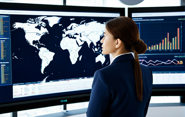 A professional female logistics expert, fully clothed in a modest business suit, standing confidently in a modern, brightly lit global logistics control center. She is reviewing complex data visualizations on large digital screens displaying international shipping routes and compliance dashboards. The environment is clean and high-tech, with subtle indicators of data flow and connectivity. Perfect anatomy, correct proportions, well-formed hands, natural pose, professional dress, appropriate attire, safe for work, appropriate content, family-friendly, high-resolution, detailed, cinematic lighting.