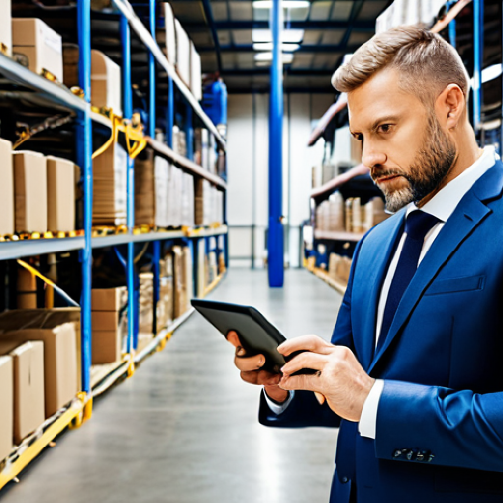 **

"A professional logistics manager, fully clothed in a modern business suit, standing confidently in a bustling warehouse environment filled with boxes and automated machinery, inspecting a tablet displaying supply chain data, appropriate attire, safe for work, perfect anatomy, natural proportions, professional photography, high quality, family-friendly."

**