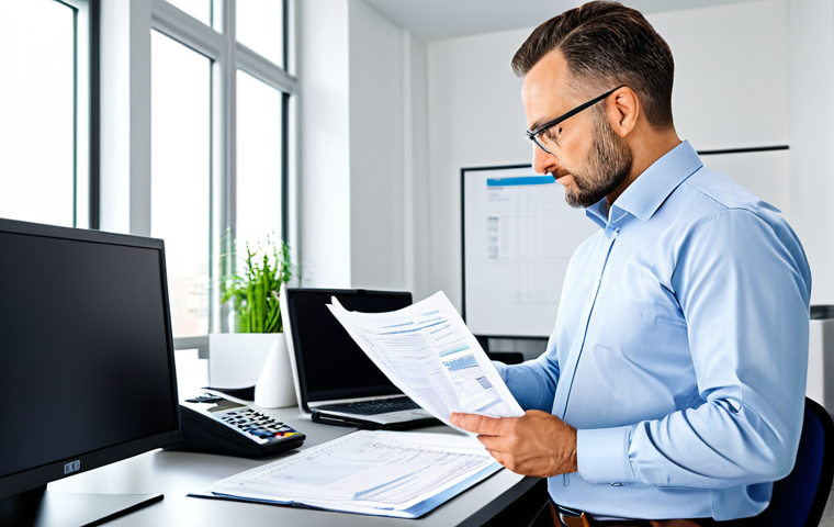 물류정보관리사 직무와 관련된 법률 - "A professional logistics manager in a modern, brightly lit office, reviewing a complex ICMS tax com...
