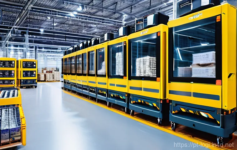 물류정보관리사 자격증 취득 후 직장 선택 기준 - **Prompt:** A bustling, futuristic logistics hub during twilight hours. Automated guided vehicles (A...