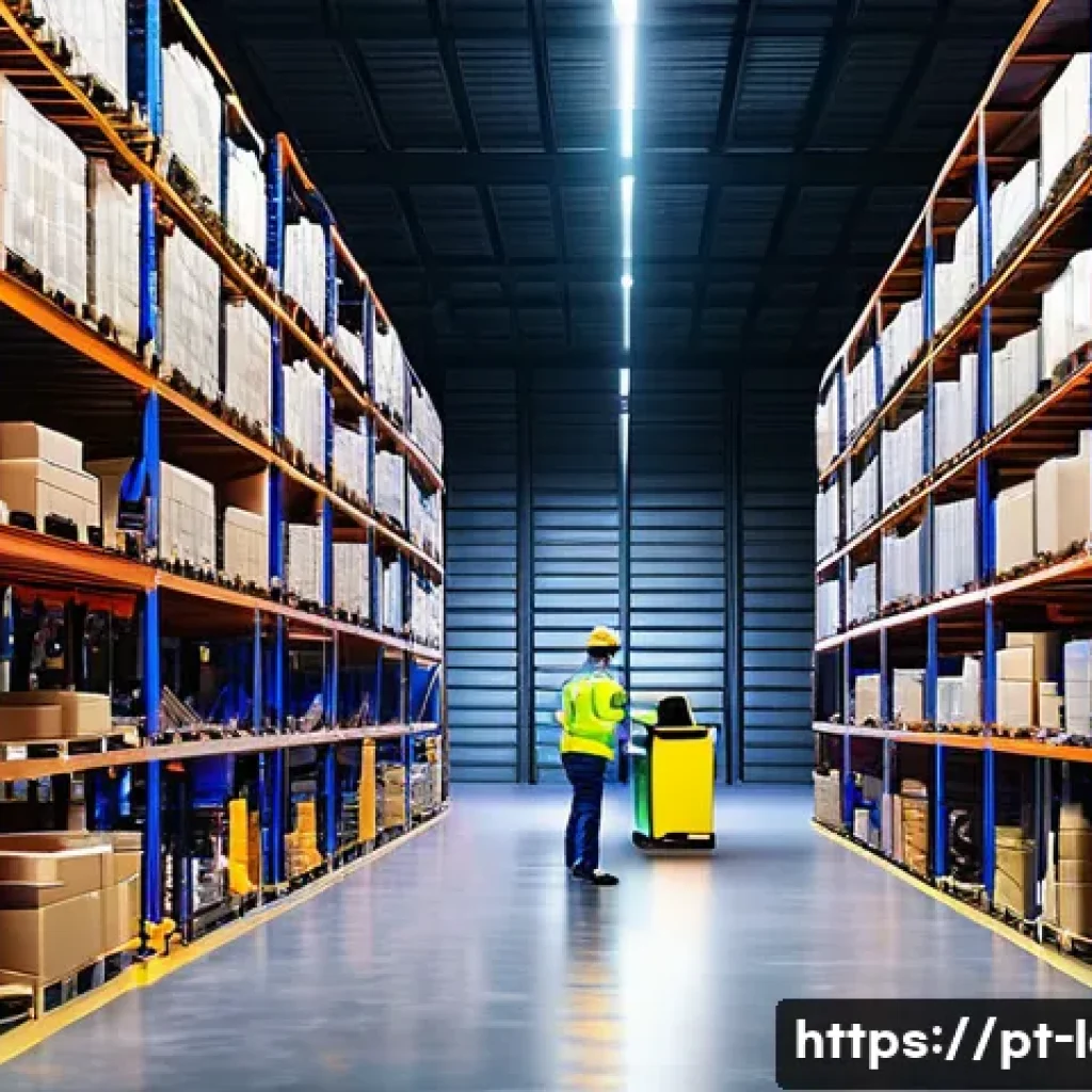 물류정보관리사 실무 프로세스와 개선 사례 - A modern warehouse interior showcasing advanced inventory management technology with employees scann...