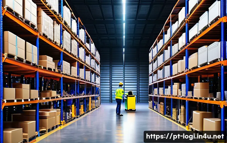 물류정보관리사 실무 프로세스와 개선 사례 - A modern warehouse interior showcasing advanced inventory management technology with employees scann...