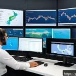 물류정보관리사 자격증과 물류 분석 기술 - A detailed logistics operations control room with a diverse team of professionals analyzing interact...