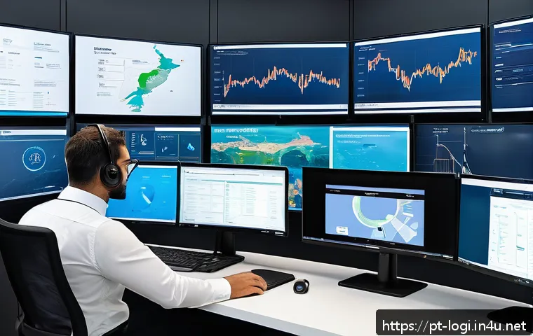 물류정보관리사 자격증과 물류 분석 기술 - A detailed logistics operations control room with a diverse team of professionals analyzing interact...
