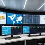 물류정보관리사 필기 시험 합격 꿀팁 - A modern logistics control room with diverse professionals analyzing digital screens displaying RFID...