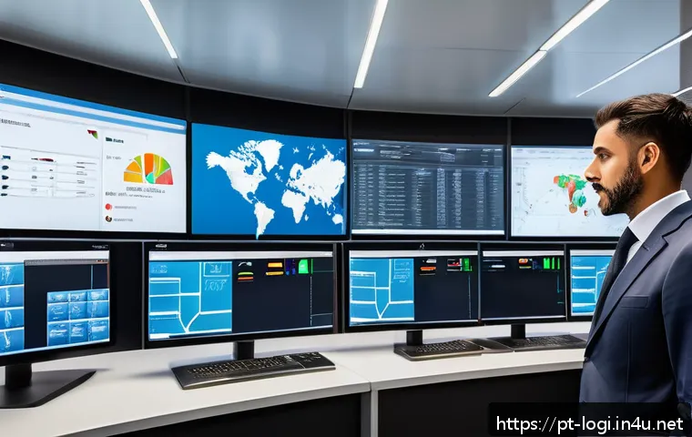 물류정보관리사 필기 시험 합격 꿀팁 - A modern logistics control room with diverse professionals analyzing digital screens displaying RFID...