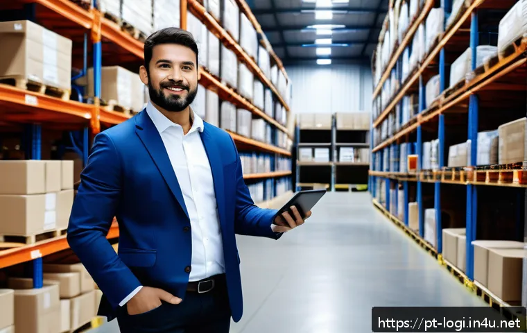 물류정보관리사 자격증으로 성공하는 방법 - A professional logistics manager in a modern Brazilian warehouse environment, wearing business casua...