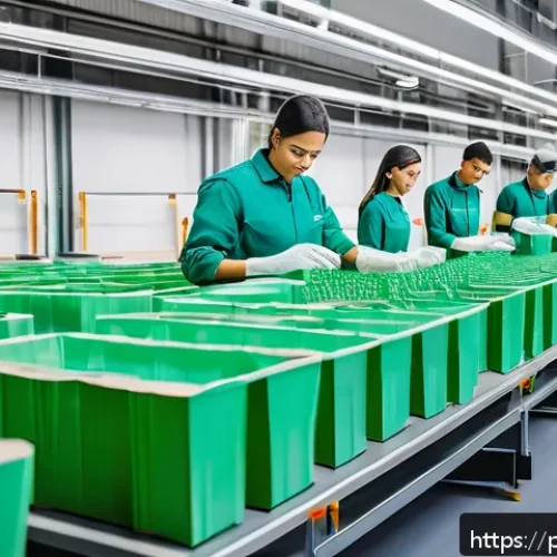 물류정보관리사와 지속 가능한 포장 기술 - A modern sustainable packaging production line inside a clean, bright factory with advanced 3D print...