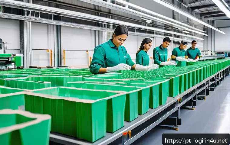물류정보관리사와 지속 가능한 포장 기술 - A modern sustainable packaging production line inside a clean, bright factory with advanced 3D print...