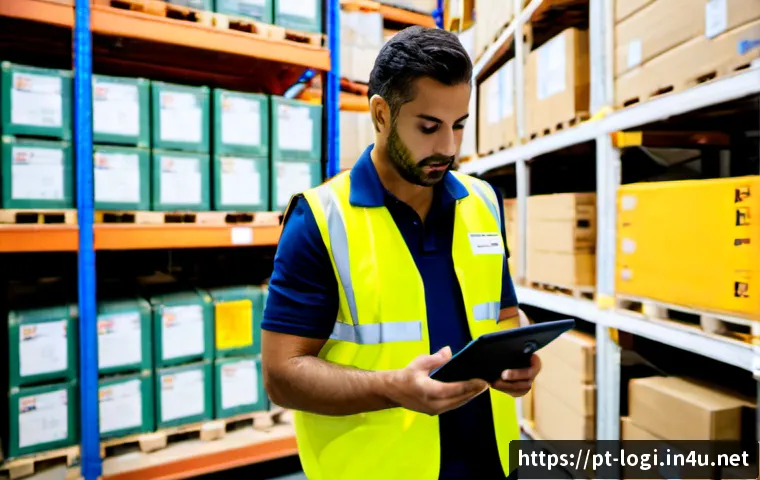 Home 17 물류정보관리사로 일하며 필요한 전문 용어 정리 - Photorealistic logistics information manager in a modern Portuguese distribution warehouse, reviewin...